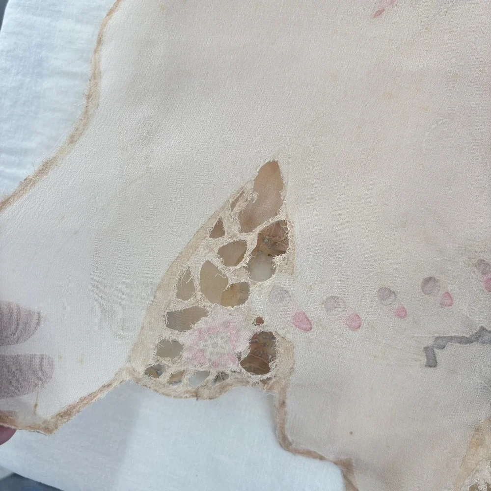 Antique Vtg Silk Scarf Hand Embroidered Cutwork Lace Butterfly Floral Sheer